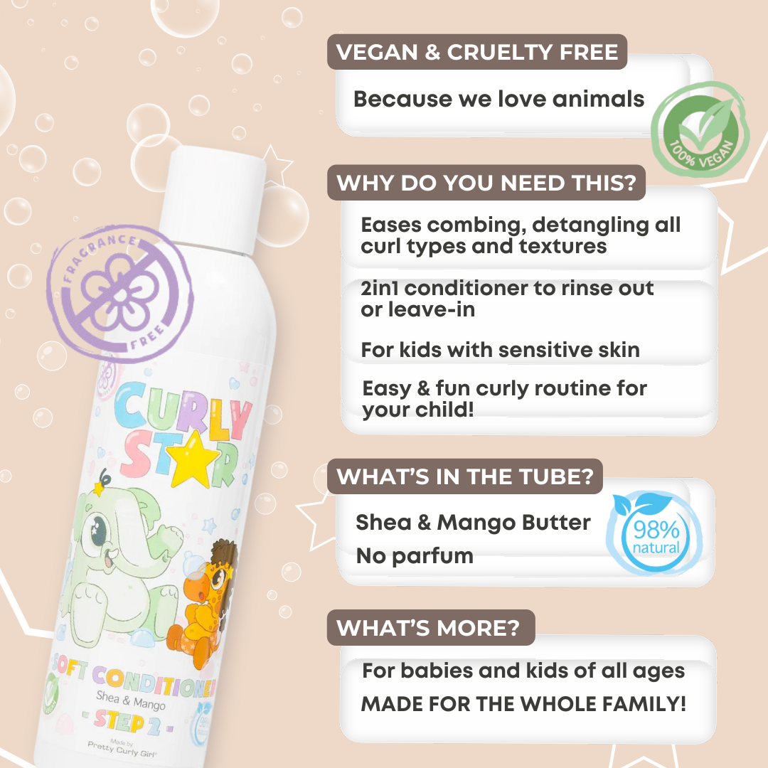 Curly Star 2in1 Soft Conditioner Fragrance Free | Pretty Curly Girl | Curly girl method approved | Vegan curly hair products | Krullen | Krullend haar | Parfumvrije 2in1 conditioner voor kinderen met krullen | Fragrance free conditioner for kids curls and sensitive scalp | Curly girl approved